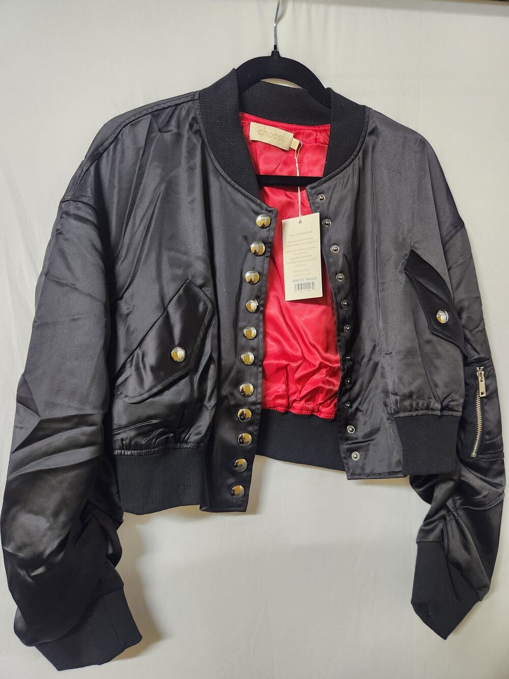 Choosy Black Satin Bomber Jacket Cropped Snap Front Statement Sleeve sz 18 NWT